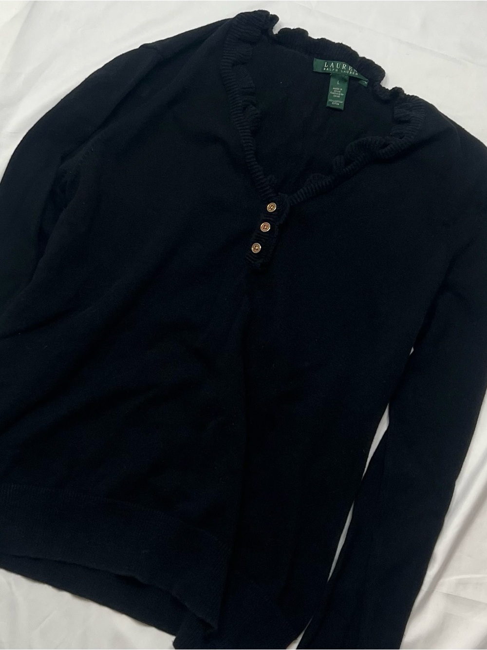 Ralph Lauren Black V-Neck Button Knit Sweater